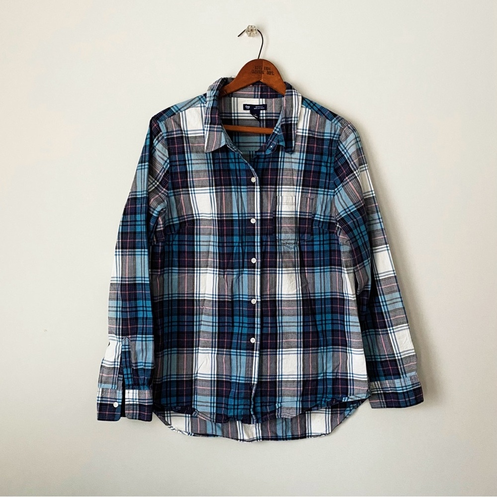 GAP Boyfriend Fit Blue Plaid Women’s Cotton Button Down Shirt medium